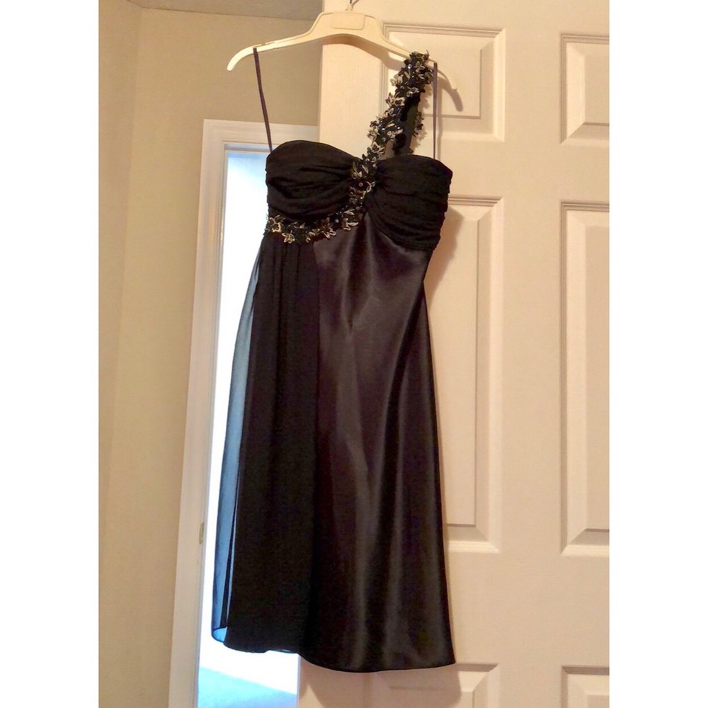 Black and gold one shoulder satin dress